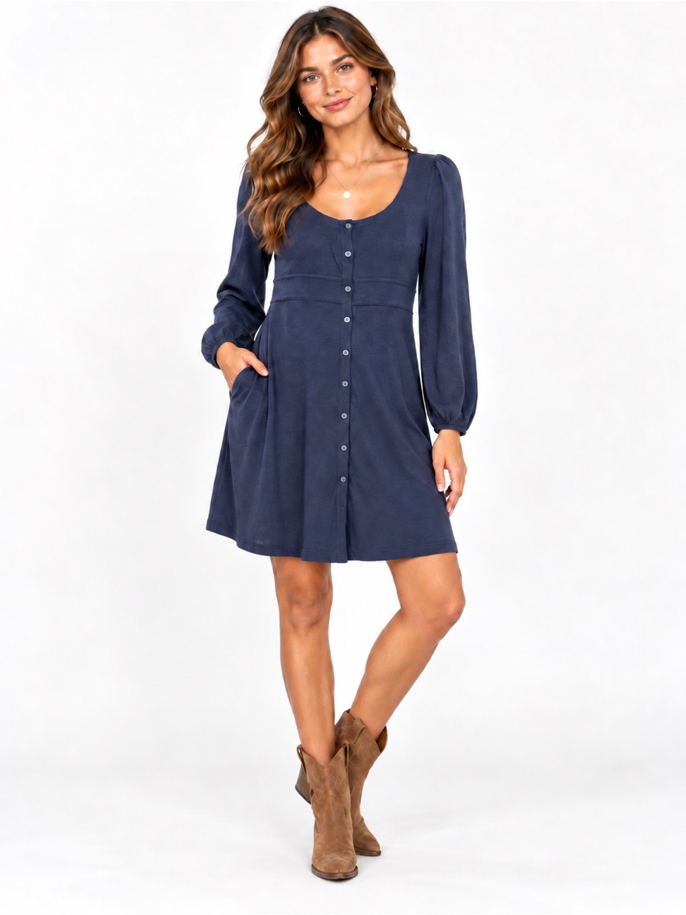 Boden Navy Tencel Modal Button Front Long Sleeve Dress Size 8 Long Boho Chic